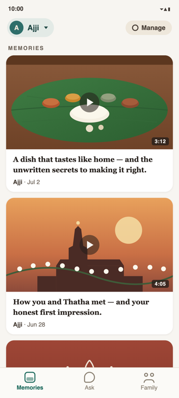 The Nenapu app showing a grandmother's recorded memories as short video clips