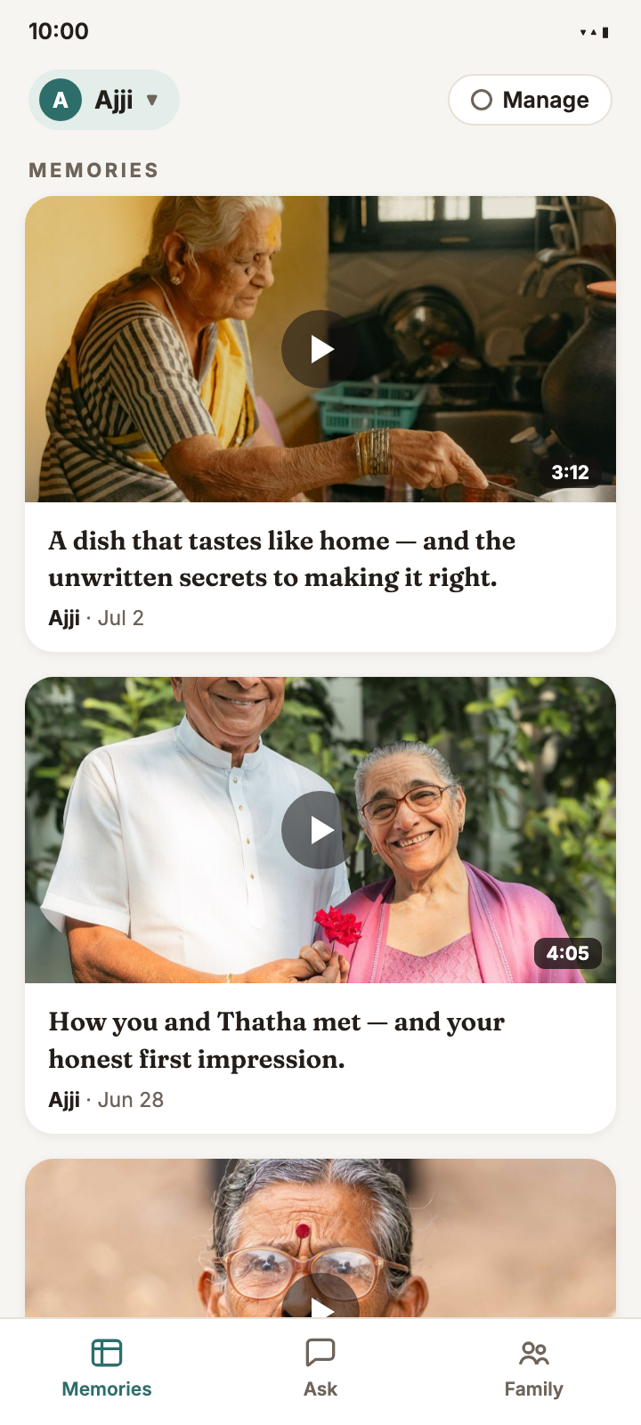 The Nenapu app showing a grandmother's recorded memories as short video clips