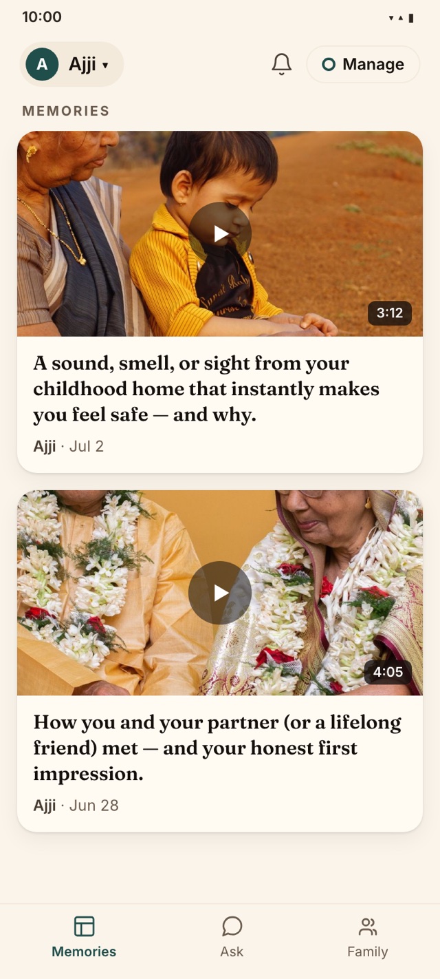 The Nenapu app showing a grandmother's recorded memories as short video clips