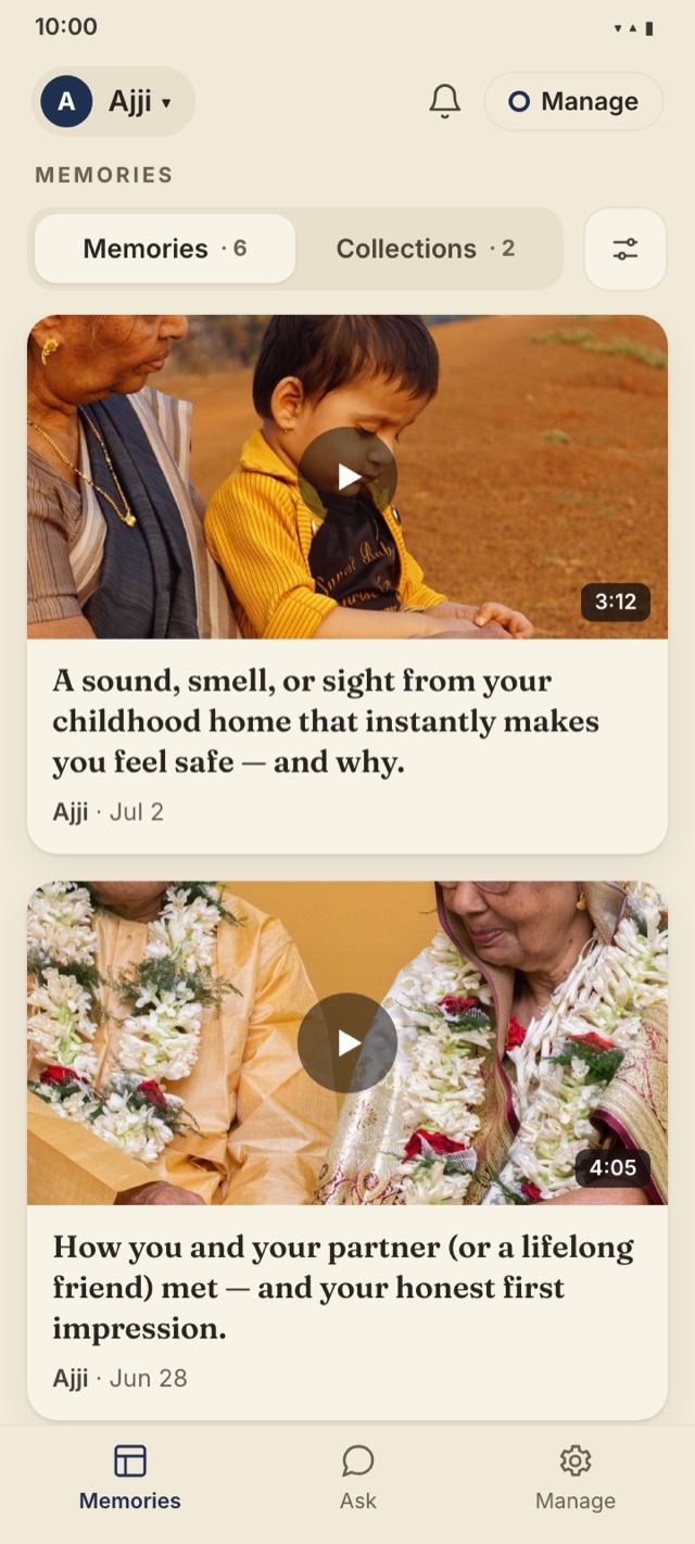 The Nenapu app showing a grandmother's recorded memories as short video clips