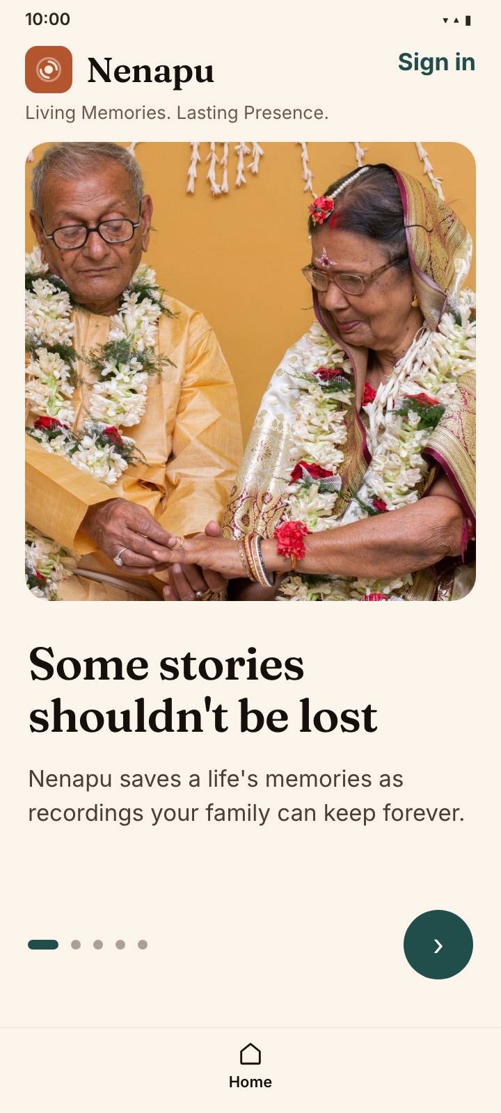 The Nenapu welcome screen — an elderly couple garlanded at their celebration, one tap to begin
