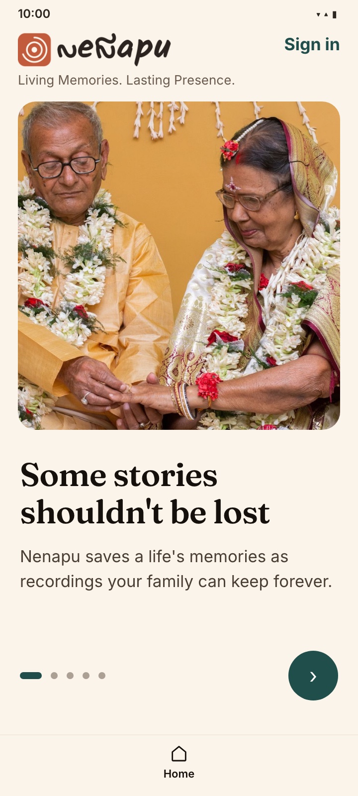 The Nenapu welcome screen — an elderly couple garlanded at their celebration, one tap to begin