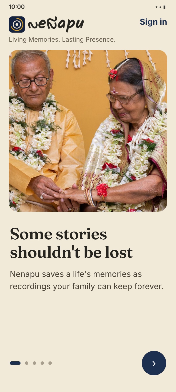 The Nenapu welcome screen — an elderly couple garlanded at their celebration, one tap to begin